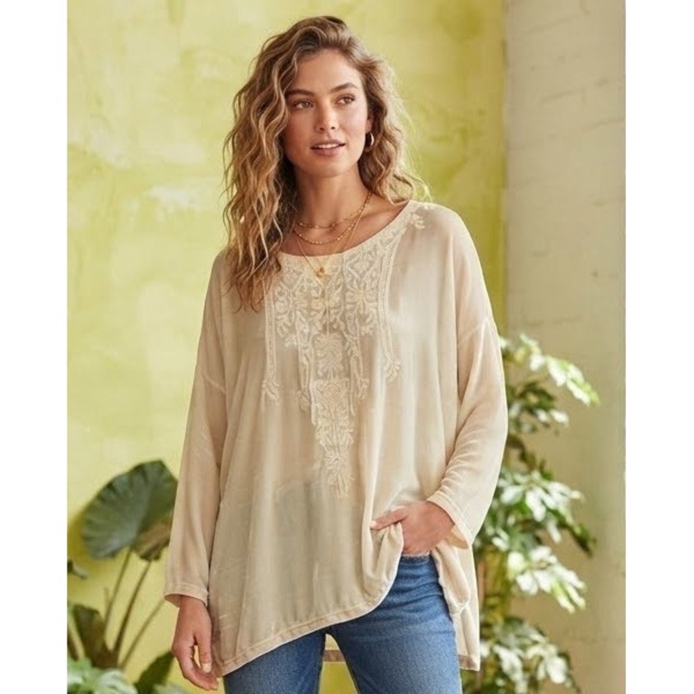Johnny Was Silk Velvet Embroidered Tunic Top Cream Champagne Boho Womens Large